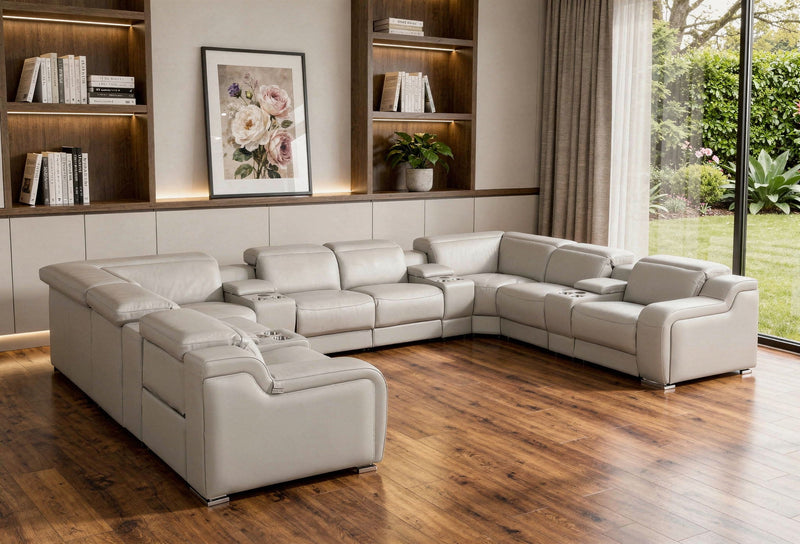 Italian Leather Power Reclining U Shaped Twelve Piece Corner Sectional With Console - Light Gray