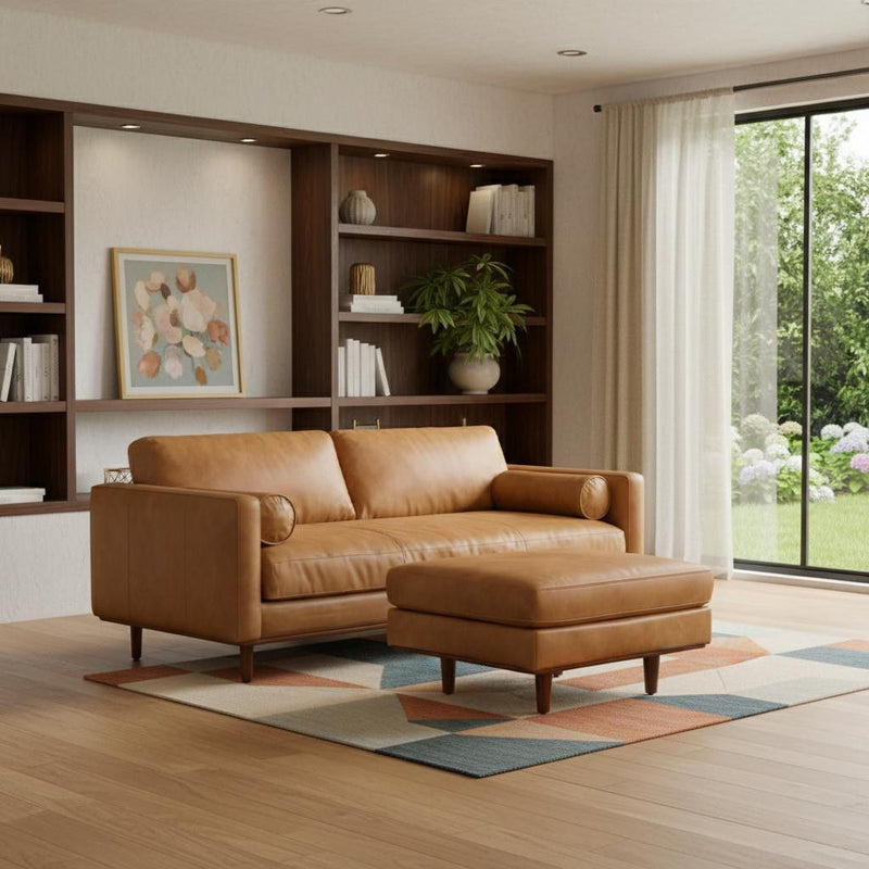 89" 2 Piece Living Room Set Sienna Leather Sofa With Ottoman With Brown Legs - Brown