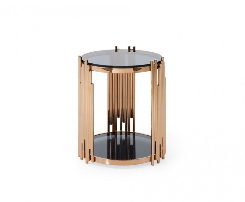 Glass And Stainless Steel Round End Table With Shelf - Rosegold And Black
