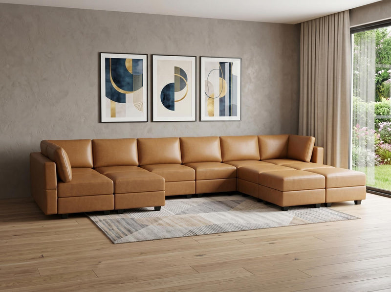 Faux Leather Modular Twelve Piece Storage Sectional With Ottomans - Brown