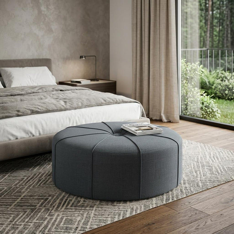 And Black Cotton Blend And Linen Blend Tufted Oval Cocktail Ottoman - Slate Blue