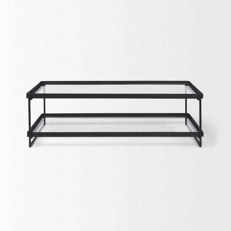 Mirrored Sled Coffee Table With Two Shelves - Clear / Black