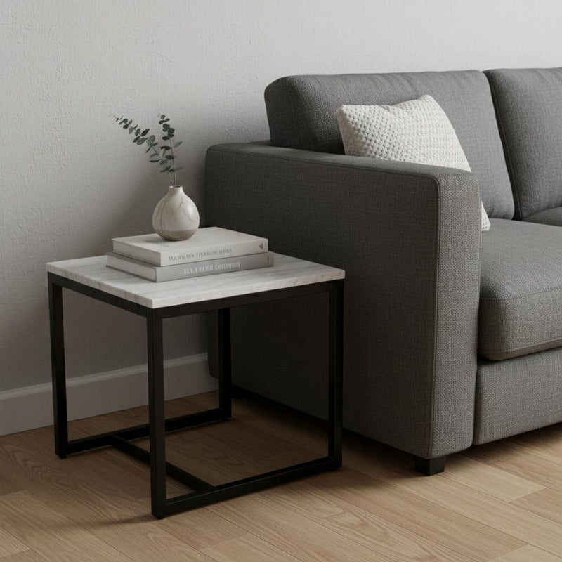 Stone And Metal Square End Table - Black And White