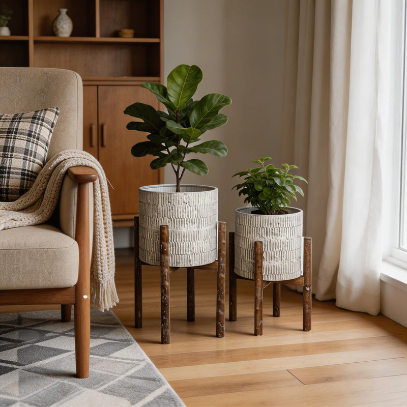 Round Elevated Planters (Set of 2) - Cream / Brown