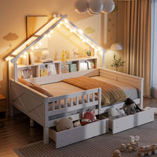 Load image into Gallery viewer, House Style Platform Bed With LED Lights, Storage Shelves, Drawers, And Guardrail
