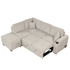 87.4" Sleeper Sofa Bed,2 in 1 Pull Out sofa bed L Shape Couch with Storage Ottoman for Living Room,Bedroom Couch and Small Apartment, Beige