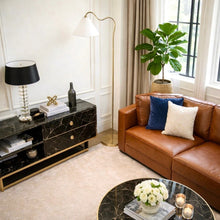 Load image into Gallery viewer, Majestic - Ring Base Curved Floor Lamp With Triangle Drum Shade - Gold / White
