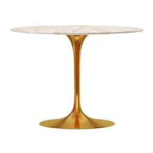 Load image into Gallery viewer, 40" Rounded Stone And Metal Pedestal Base Dining Table - Gold
