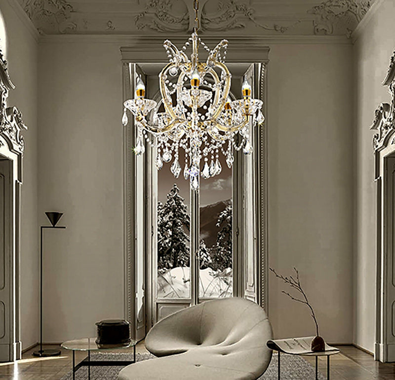 Five Light Glam And Faux Crystal Chandelier - White / Gold