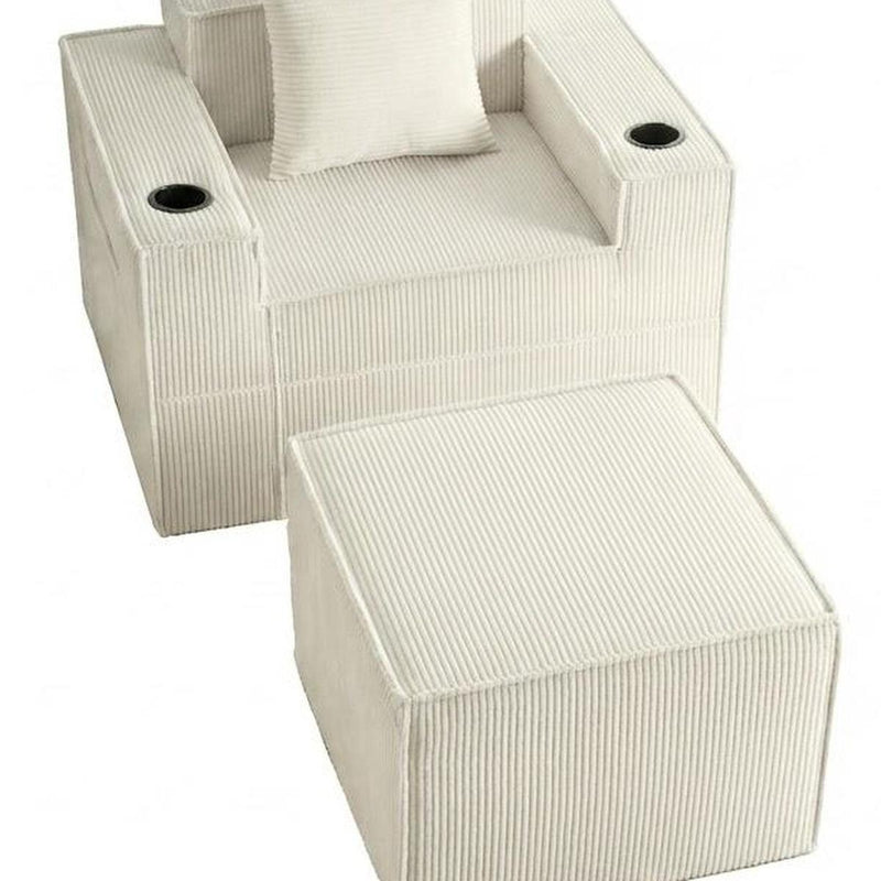 Corduroy Lounge Chair With Ottoman And Toss Pillow - White