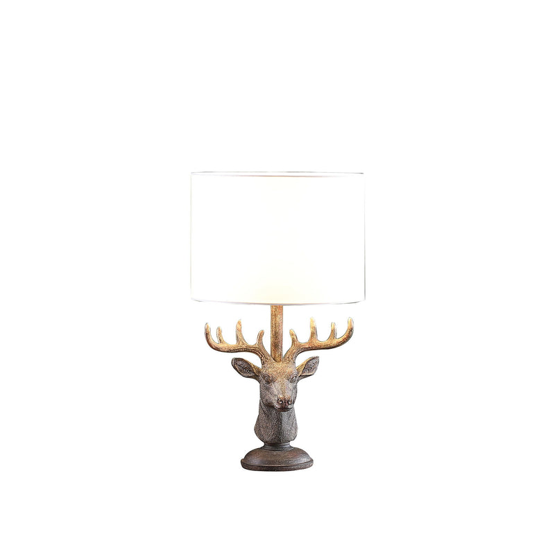 Stag Bust Table Lamp With White Drum Shade - Antiqued Bronzed