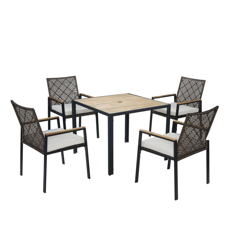 5 Piece Patio Dining Table Set, Acacia Wood Table Top With Umbrella Hole