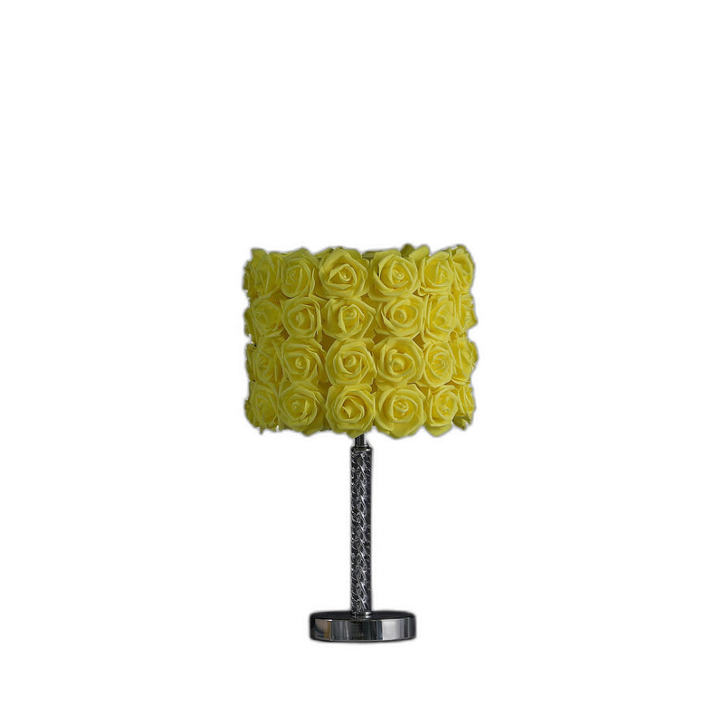 Bedside Table Lamp With Yellow Flowers Drum Shade - Silver