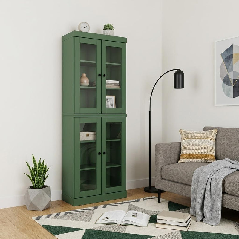 Solid Wood Adjustable Six Tier Library Bookcase With Four Doors - Green