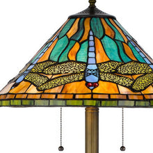 Load image into Gallery viewer, Two Light Traditional Shaped Floor Lamp With Blue And Orange Dragonfly Tiffany Glass Empire Shade - Brass
