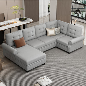 120" Modern U-Shaped Corner Sectional Sofa Upholstered Linen Fabric Sofa Couch for Living Room, Bedroom, Gray