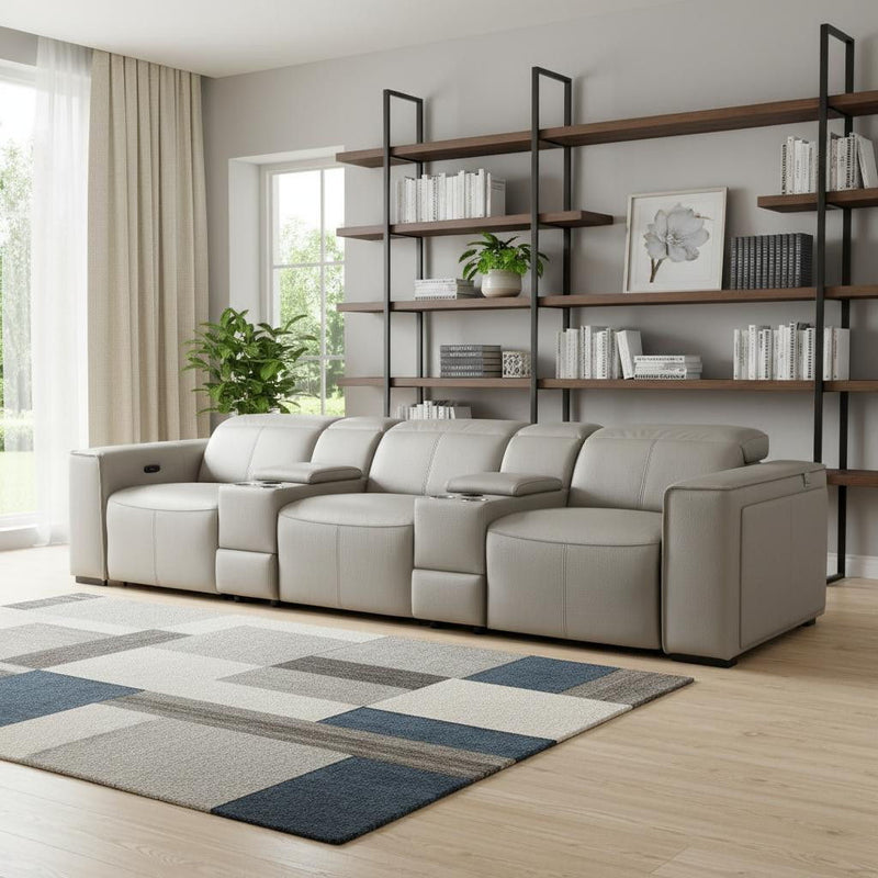 Top Grain Leather Reclining Metal USB Sofa (720397) - Light Gray