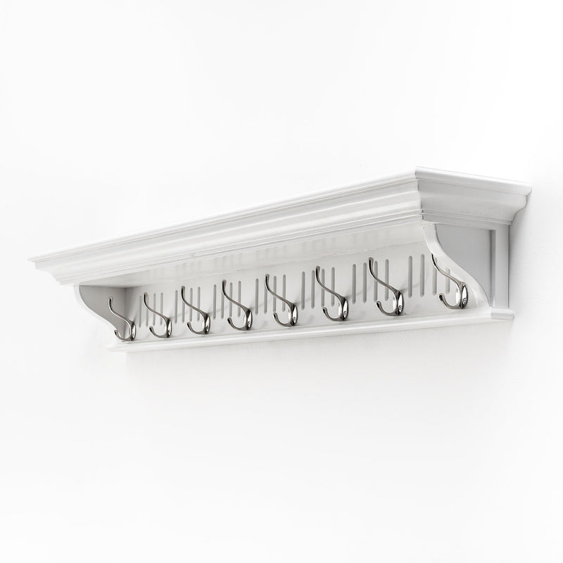 51" Solid Wood Eight Hook Wall Mount Coat Rack - White