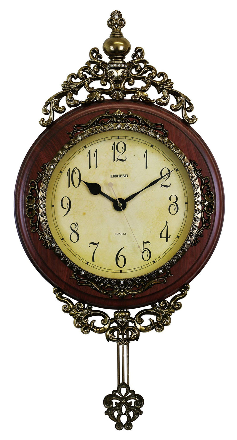 Silent Pendulum Ornate Oval Wall Clock - Brown / Gold
