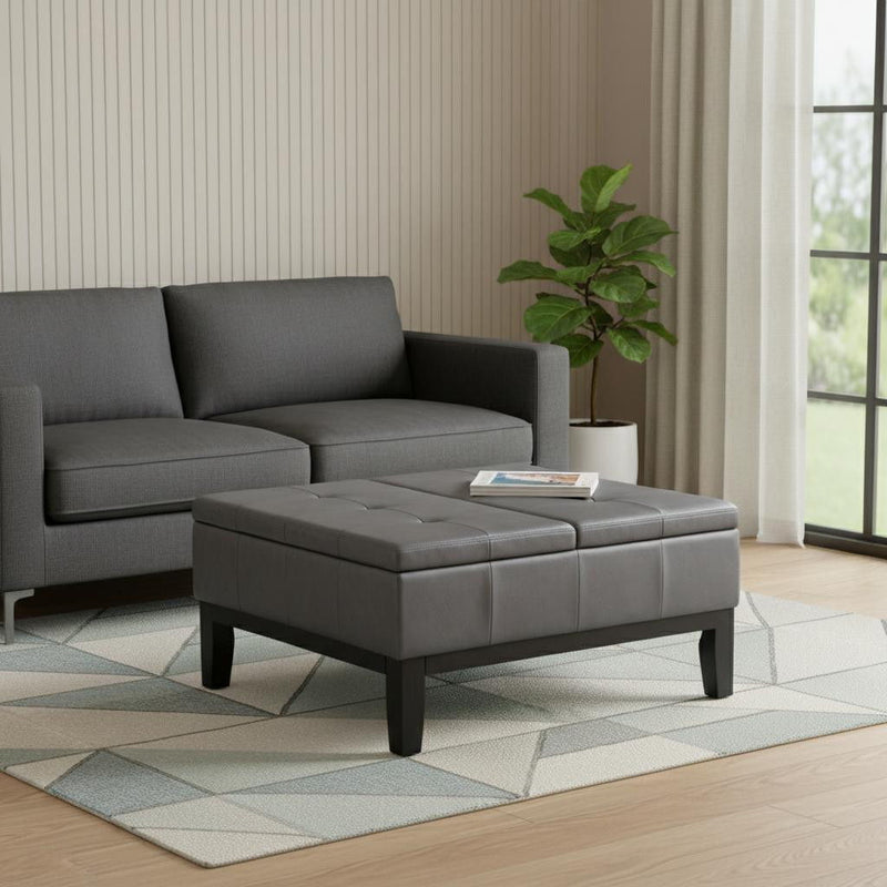 36" Leather Cocktail Ottoman With Storage - Gray / Dark Brown