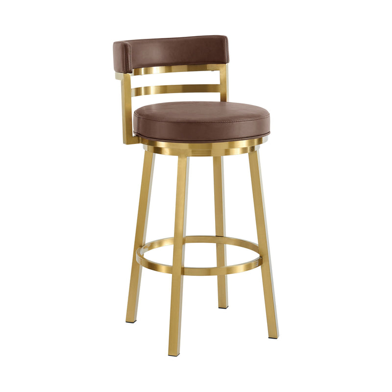 30" Contemporary Coffee Faux Leather And Stainless Steel Low Back Bar Height Swivel Bar Chair - Brown