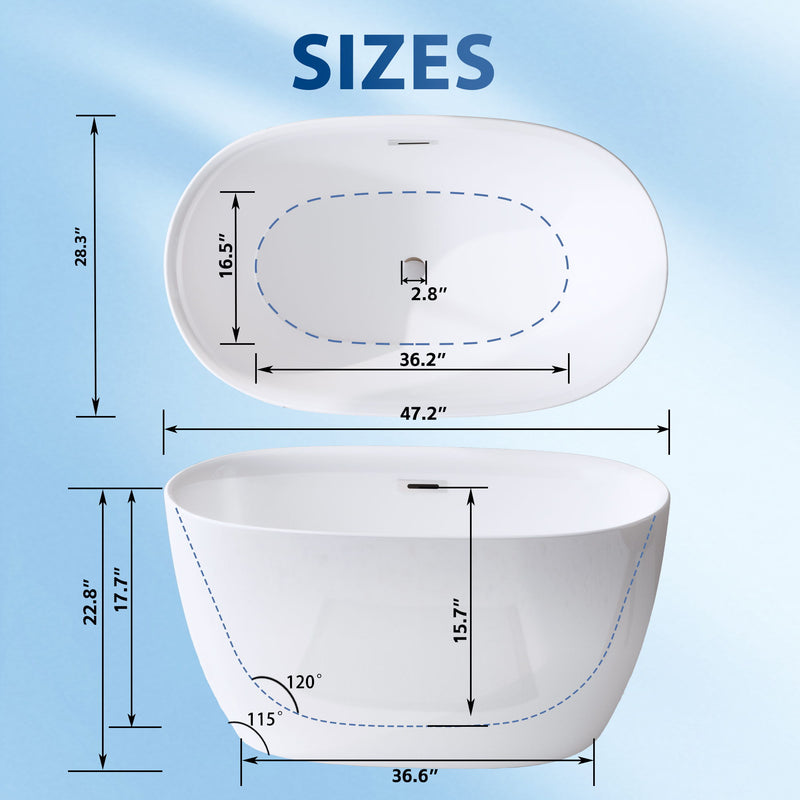 Freestanding Oval Bathtub With Overflow And Pop Up Drain, Double Walled Design - Gloss White