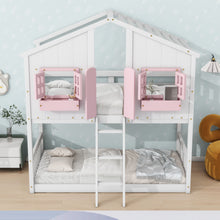 Load image into Gallery viewer, House Bunk Bed With Roof, Window, Window Box, Door, With Safety Guardrails And Ladder
