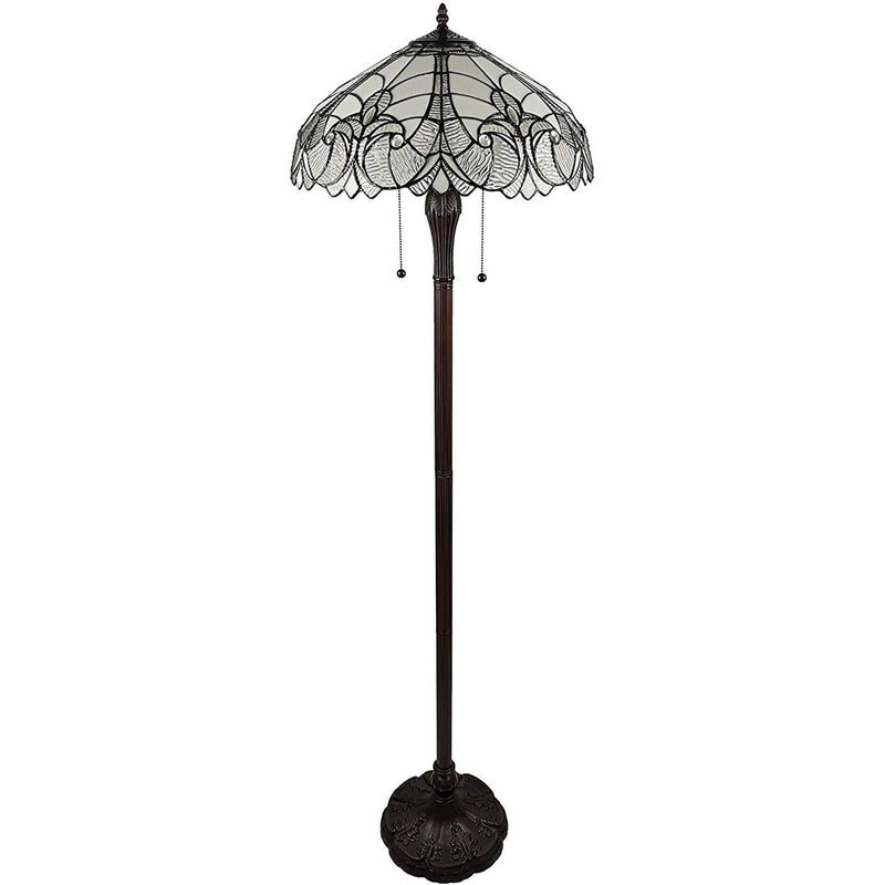 Two Light Torchiere Floor Lamp With White Fleur De Lis Stained Glass Dome Shade - Brown