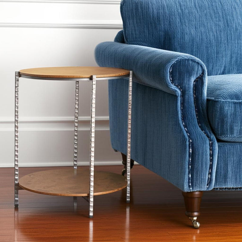 22" Wood And Steel Round End Table With Shelf - Brown