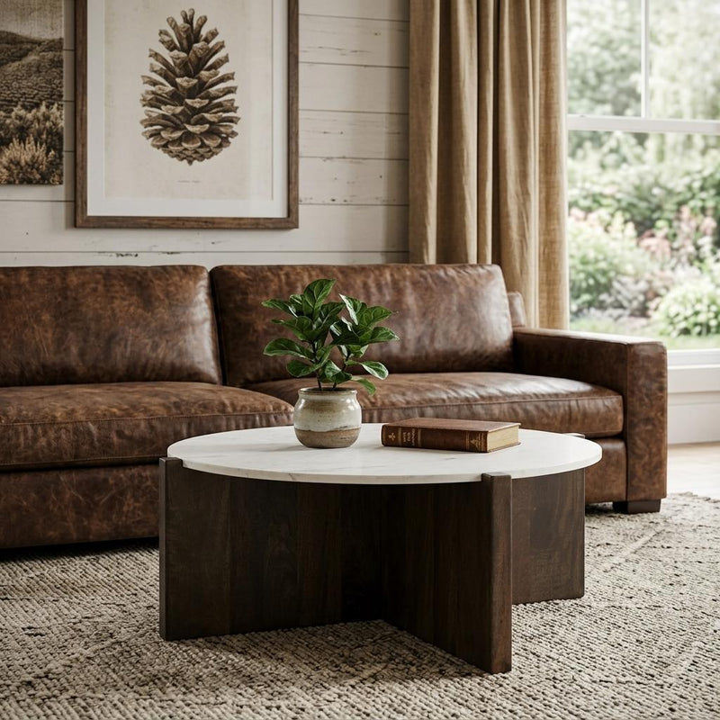 Round Coffee Table (727812) - White / Brown / Stone