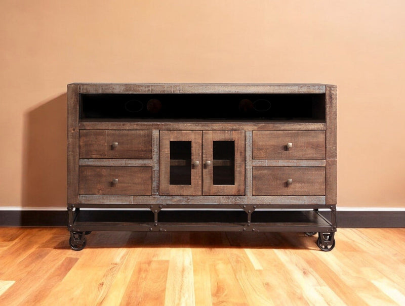 Cabinet Enclosed Storage Distressed, TV Stand - Brown