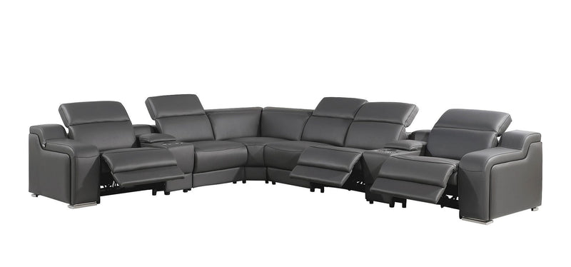Italian Leather Power Reclining Curved Eight Piece Corner Sectional With Console - Gray