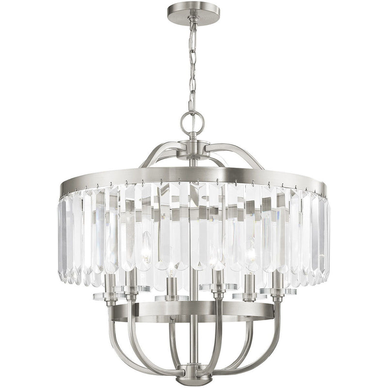 25" Six Light Metal Dimmable Chandelier With Shades - Nickel / Clear