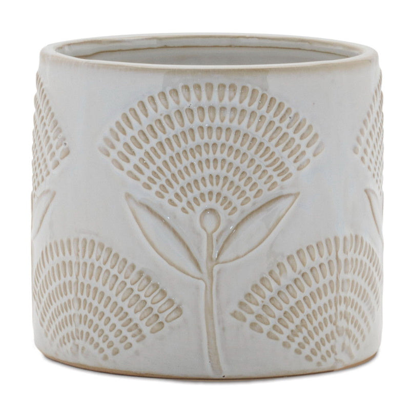 Porcelain Leaf Round Pot Planters (Set of 2) - White / Beige
