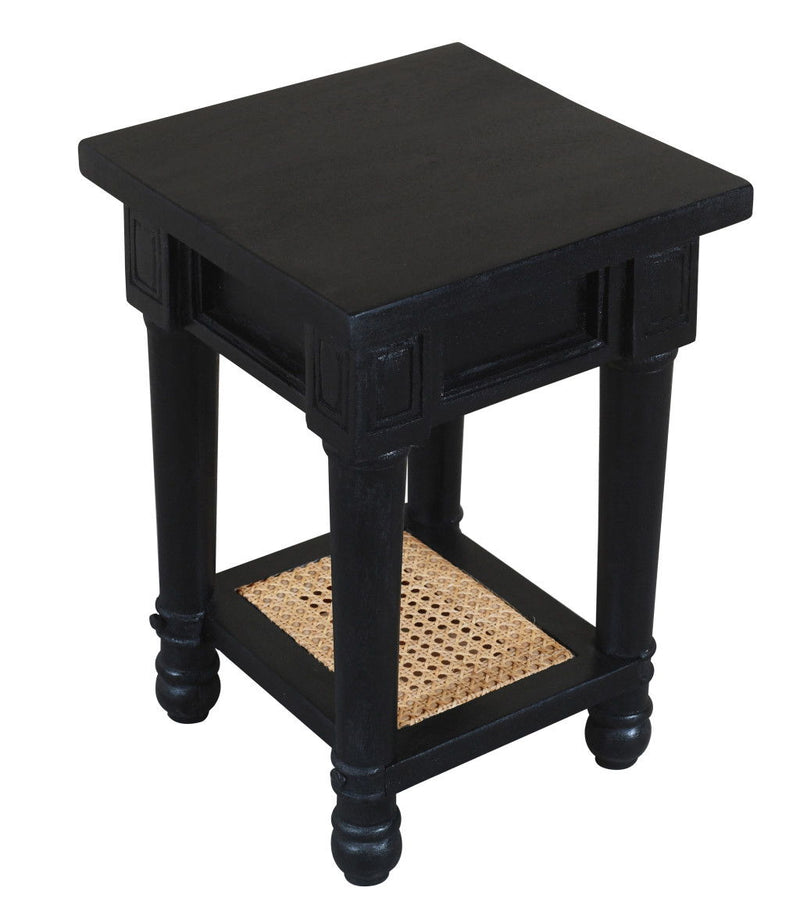 20" Solid Wood And Cane Square End Table With Shelf - Black And Natural