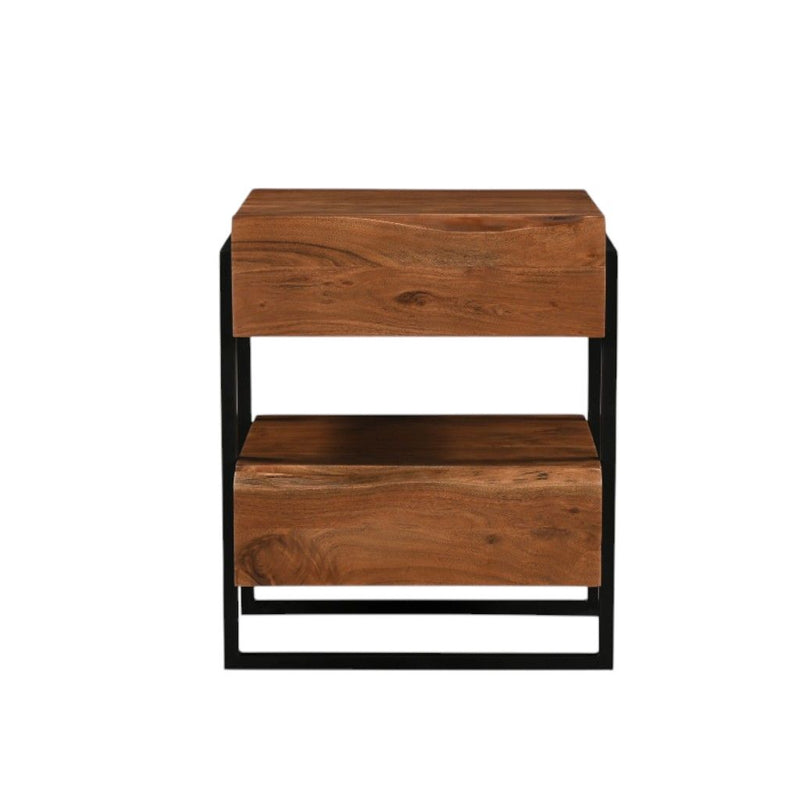 Iron And Solid Wood Live Edge Two Drawer Nightstand - Black And Brown
