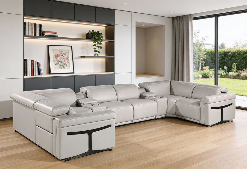 Leather Power Reclining U-Shaped 8 Piece Corner Sectional With Console - Light Gray