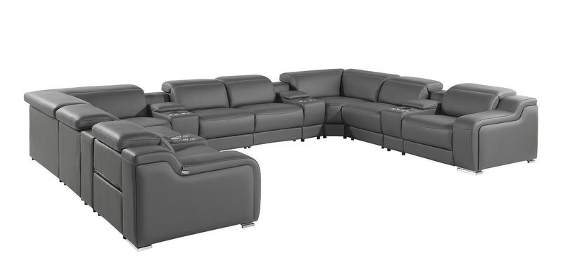 Italian Leather Power Reclining U Shaped Twelve Piece Corner Sectional With Console - Dark Gray