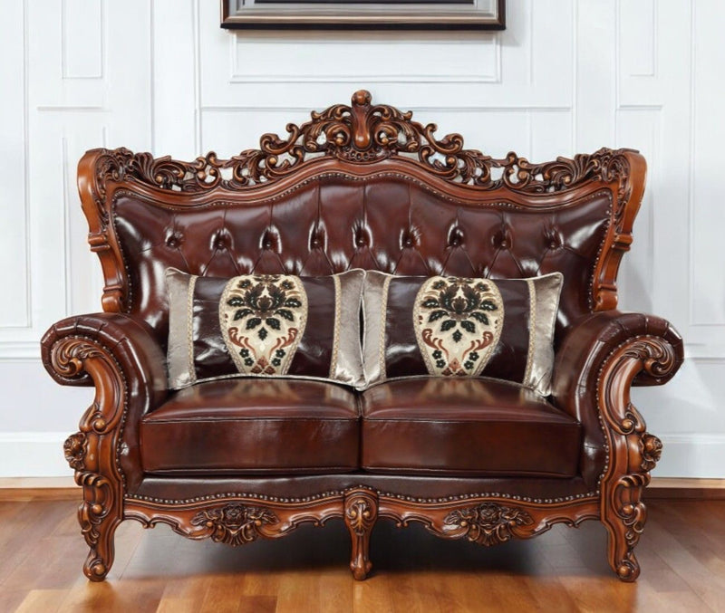 69" Top Grain Leather Curved Loveseat And Toss Pillows - Brown And Walnut