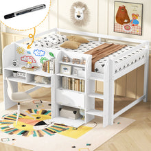 Load image into Gallery viewer, Low Loft Bed With Built In Desk, Storage Cabinets, Open Bookcase And Doodle board
