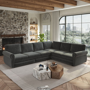 L-Shaped Sofa Couch With Pull Out Bed With Nailhead Trim & Rolled Arm