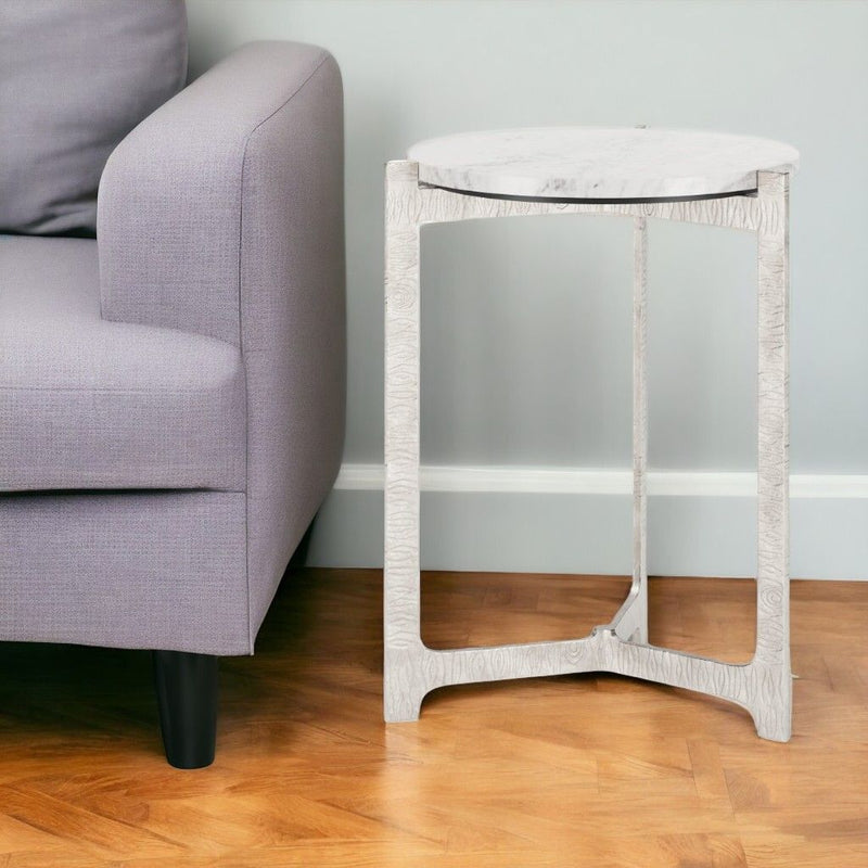 25" Marble And Aluminum Round Cross Legs End Table - White And Silver