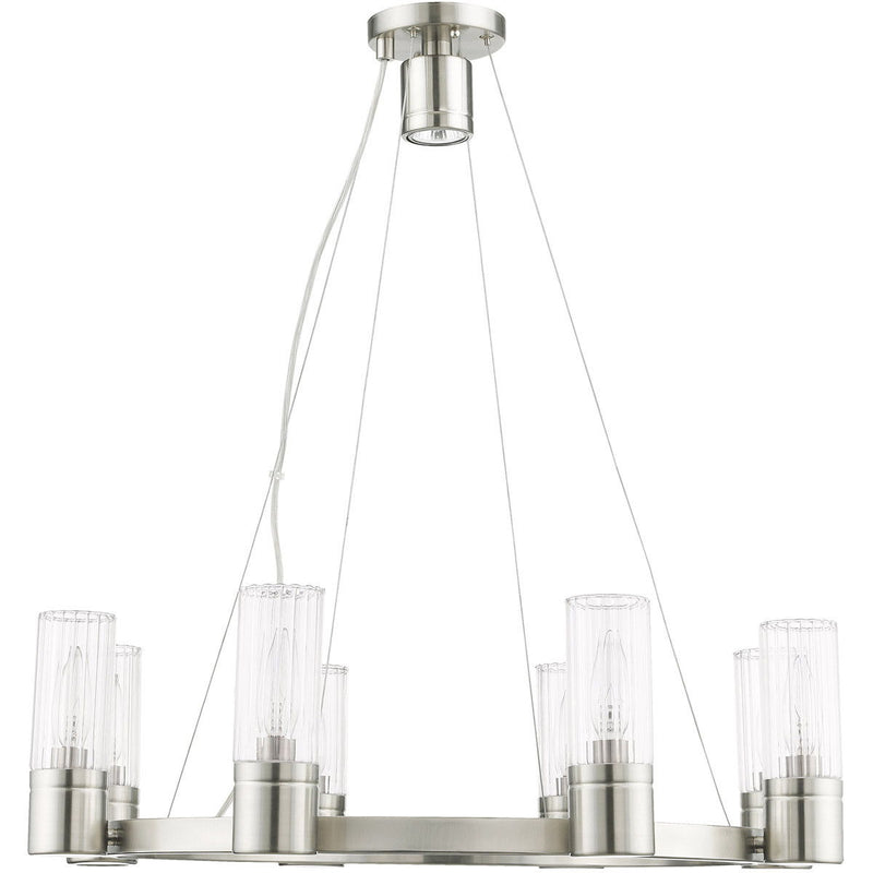 20" Eight Light Metal Dimmable Chandelier With Shades - Nickel / Clear