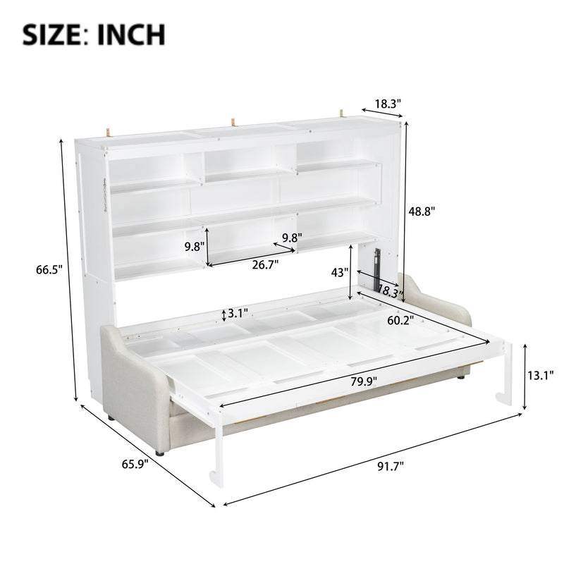Murphy Cabinet Bed With Folding Sofa, Built In Storage Shelves And LED Light