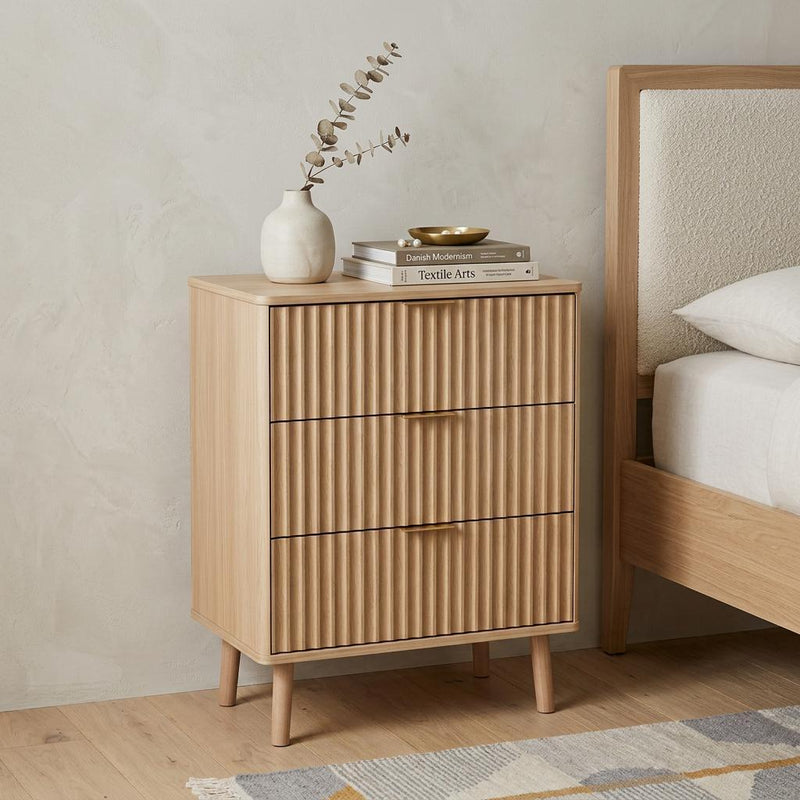 Wood Ribbed Texture Three Drawer Nightstand With USB - Natural