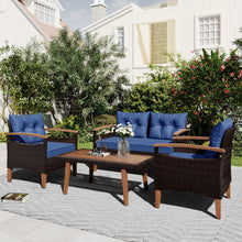 Load image into Gallery viewer, GO 4-Piece Garden Furniture,  Patio Seating Set, PE Rattan Outdoor Sofa Set, Wood Table and Legs, Brown and Blue
