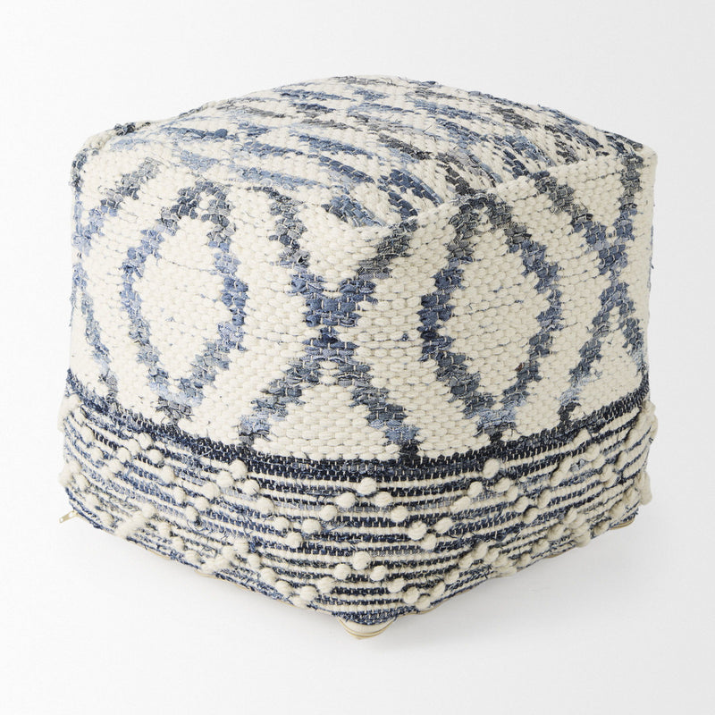 Fabric Geometric Round Pouf Ottoman - Cream / Gray