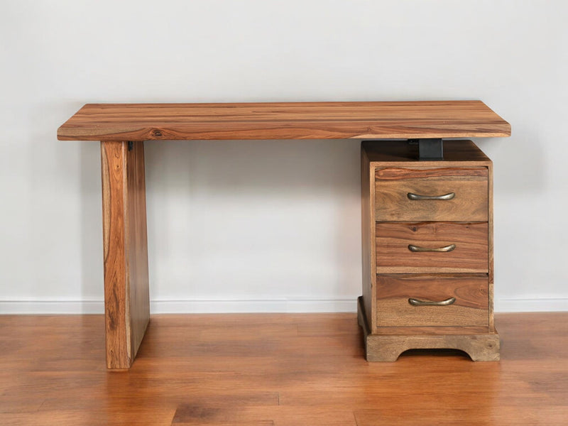 54" Live Edge Solid Wood Writing Desk With Three Drawers - Brown