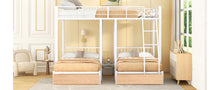 Load image into Gallery viewer, Full Over Twin &amp; Twin Bunk Bed, Metal Triple Bunk Bed with Drawers and Guardrails, White
