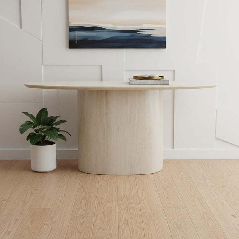 Genuine Marble And Stone Oval Pedestal Console Table - Beige